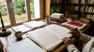 Hands editing manuscript pages with pen markings on a wooden desk