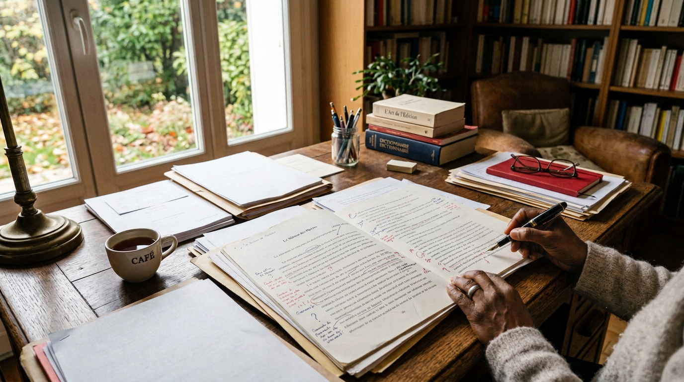 Hands editing manuscript pages with pen markings on a wooden desk